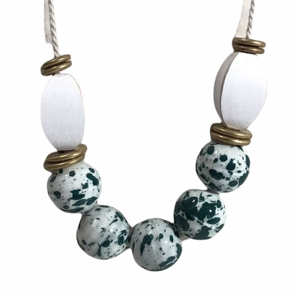 Anthropologie Green And White Large Bead Cord Necklace New Without Tags